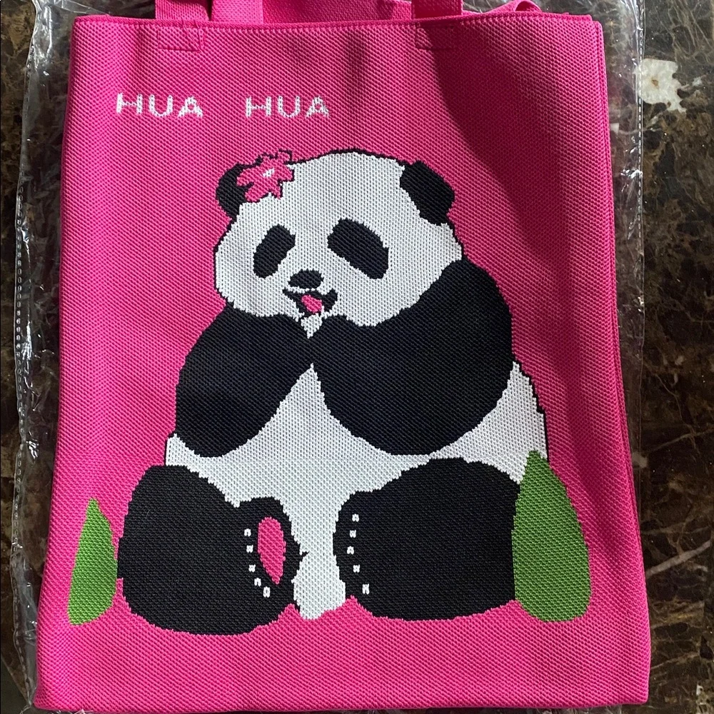 Hot Pink Knit Panda Tote Bag | 